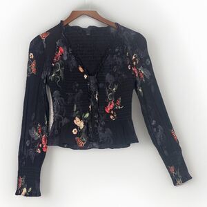 All Saints Maya Nancy US 2 UK 6 Black Floral Smocked Blouse Fairy Romantic Lined